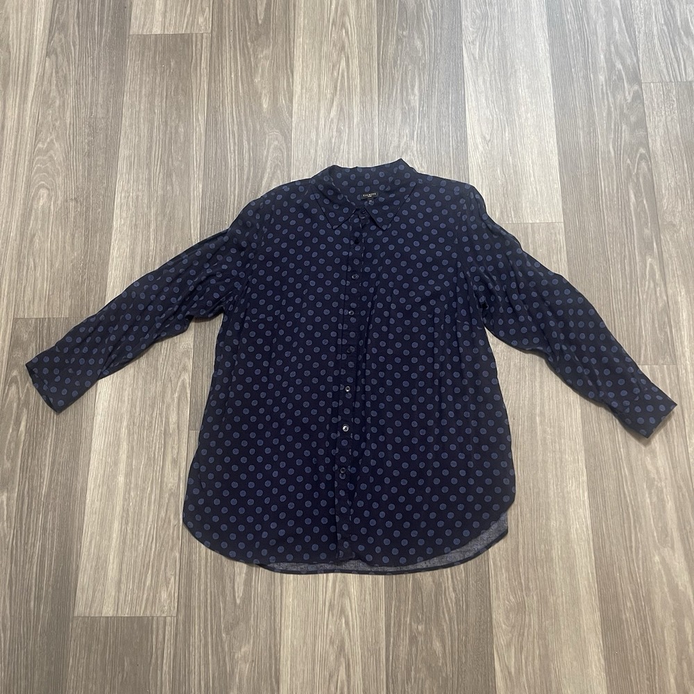 Talbots Woman 2X Navy Blue Polka Dot Button Down Roll Tab Sleeves
